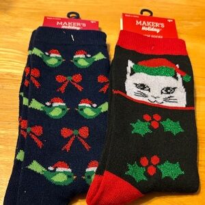 Women's Christmas Novelty Socks - Navy Bird & Black Cat